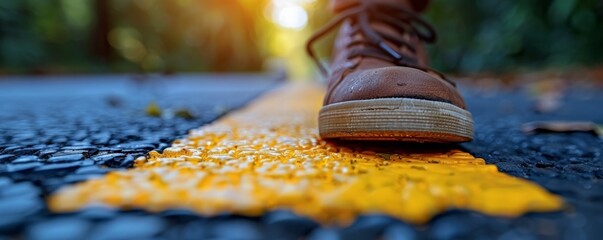 Close-up of a Person's Shoe Stepping on a Yellow Line on a Road Symbolizing Risk Mitigation and Decision Making