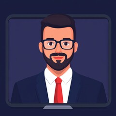 A digital avatar of a man in business attire with glasses.