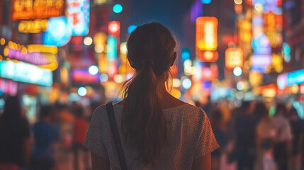 woman stands in the background, gazing at a vibrant celebration filled with lights and joyful moments. This scene embodies reflection, connection, and the beauty of shared experiences
