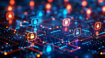 Fototapeta premium Digital Network Security Concept with Locks and Circuit Board for Mitigating Risks in Cybersecurity