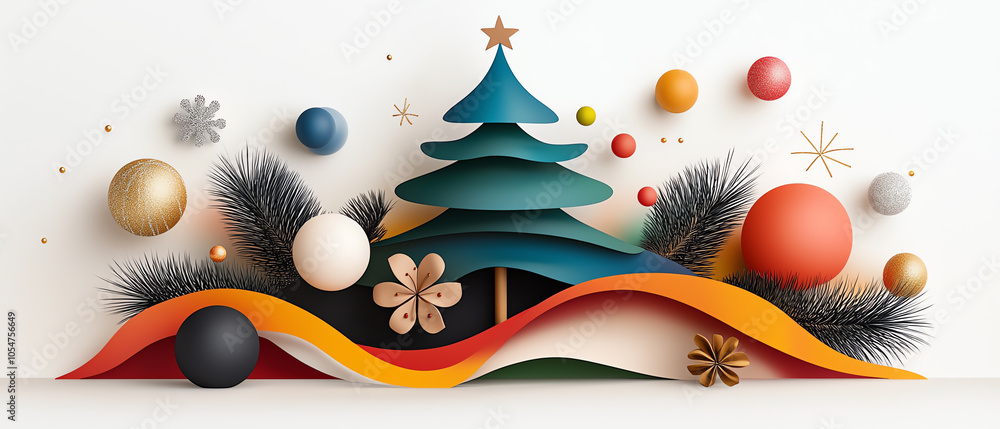 Poster vibrant and playful abstract tree decoration with dynamic elements for festive cheer and creativity