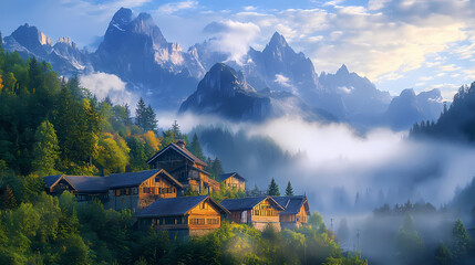 Fototapeta premium Mystical mountain village surrounded by fog and pine trees with majestic peaks in the background - enchanted landscape photography. Fantasy Village. Illustration
