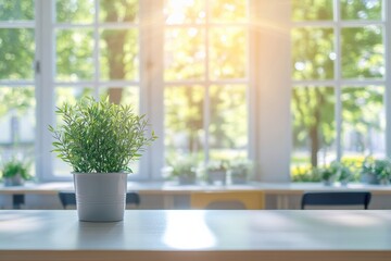 Fototapeta premium Beautiful blurred background of bright classroom and study room with panoramic windows and beautiful lighting