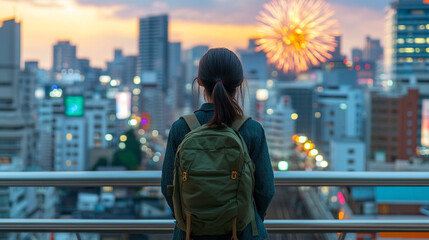 woman stands in the background, gazing at a vibrant celebration filled with lights and joyful moments. This scene embodies reflection, connection, and the beauty of shared experiences
