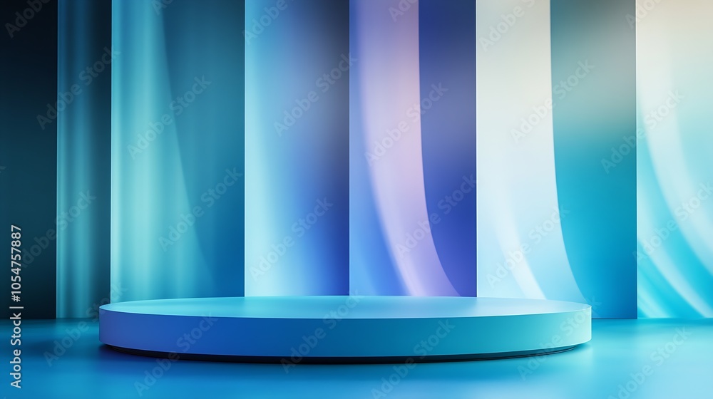 Poster vibrant abstract podium with blue shaded curtains for product display : generative ai
