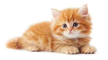 Single Fluffy Ginger Kitten Lying On a White Surface Looking Curious : Generative AI