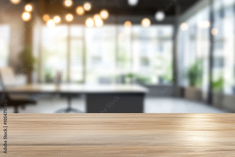 Poster empty modern office workspace with wooden table and blurred windows in background for vibrant busine
