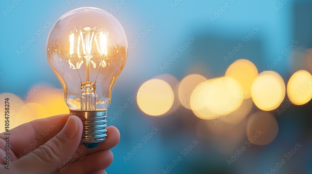 Poster hand holding glowing light bulb at dusk with city lights in bokeh view : generative ai