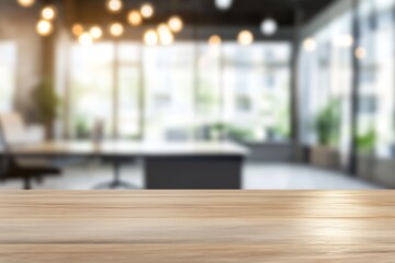 Empty modern office workspace with wooden table and blurred windows in background for vibrant business setting : Generative AI