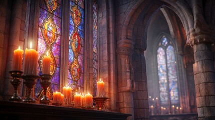 Obraz premium Candles illuminate a gothic church interior with stained glass windows, casting a warm glow.