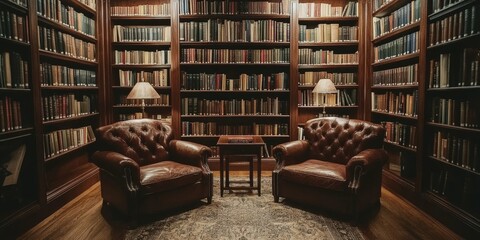 Classic Library Interior with Leather Chairs and Bookshelves