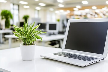 Bright Open Office with Green Plant and Modern Laptop on Work Desk : Generative AI