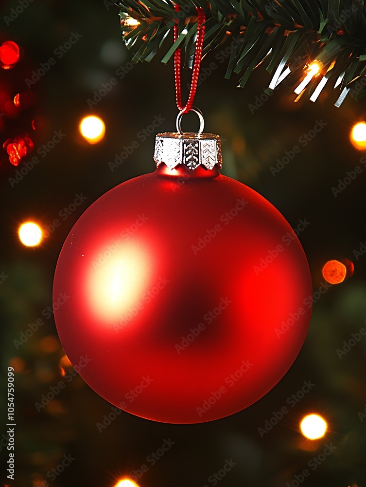 Poster festive red christmas ornament hanging on greenery with soft glowing holiday lights in background : 