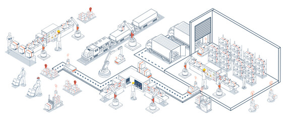 Automated warehouse operations using AGVs and AMRs for robotic material handling and transportation. Vector illustration EPS 10