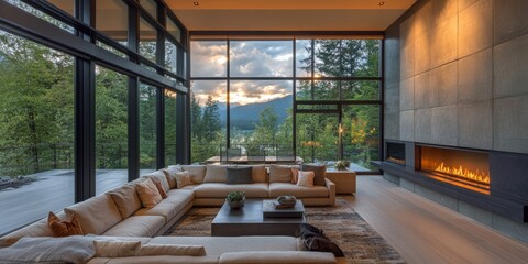Fototapeta premium Modern House with Mountain View and Fireplace