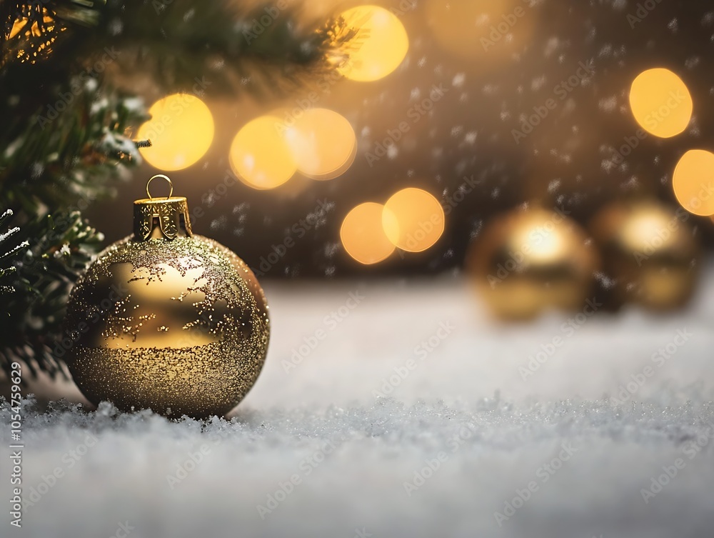 Poster elegant golden christmas baubles in snow with warm bokeh background : generative ai