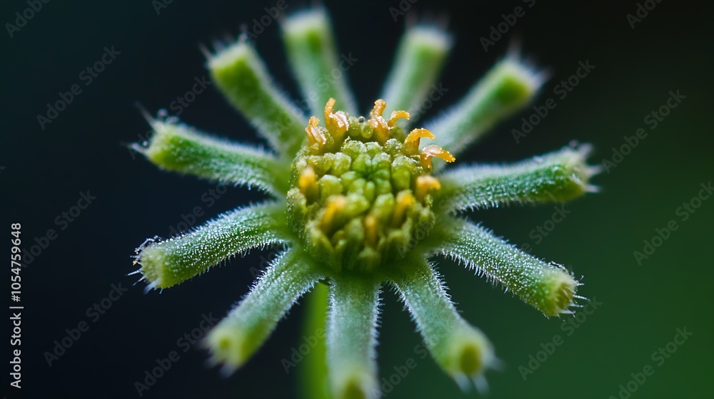 Poster macro closeup of a spiky wild plant head with vibrant buds on a natural dark background : generative