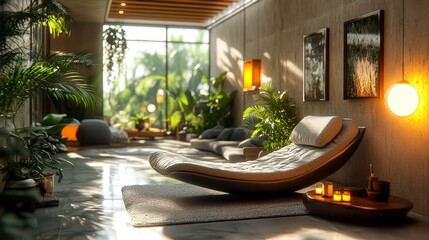 Modern Luxurious Indoor Lounge with Natural Light and Greenery in a Contemporary Home