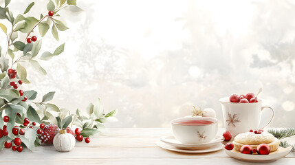 Fototapeta premium A cozy christmas tea and mince pies setting on a rustic table with watercolor background and holiday accents