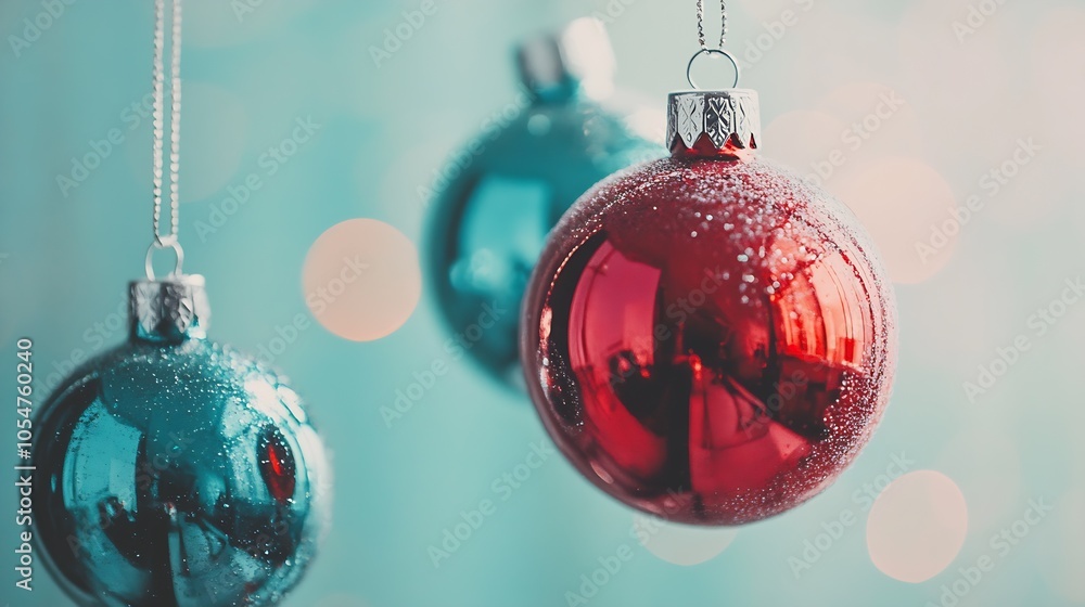Aufkleber three shiny red and teal christmas ornaments hanging with blurred bokeh in background : generative a