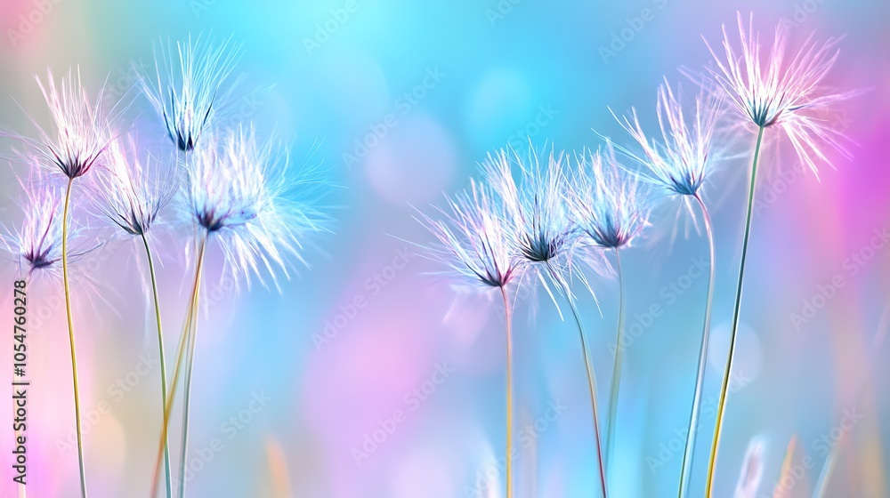Poster vibrant dandelion seedheads against colorful blurred background : generative ai