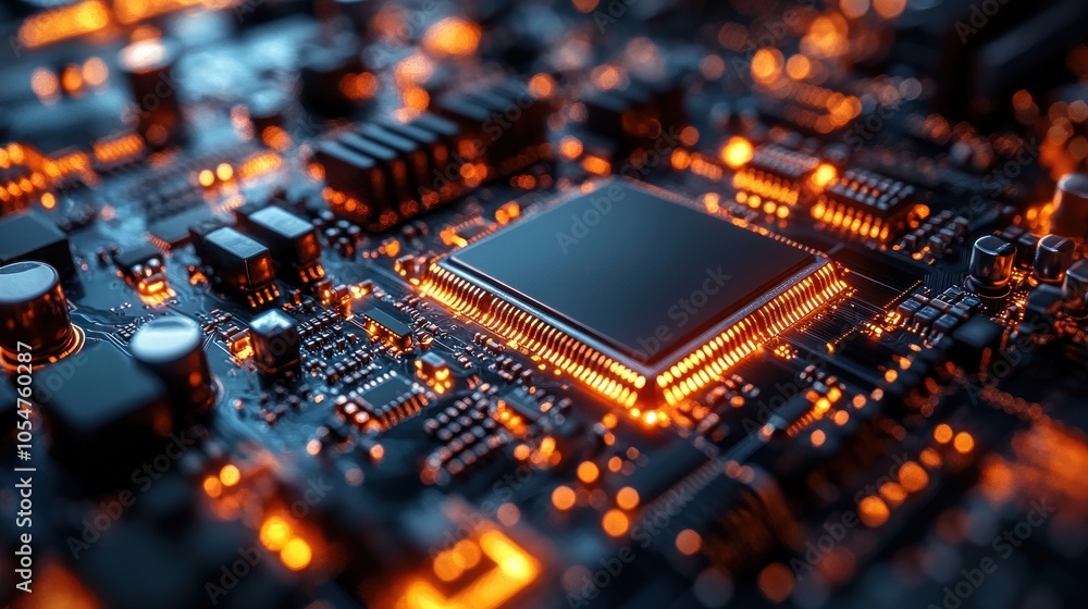 Aufkleber close-up of a glowing microchip on a circuit board.