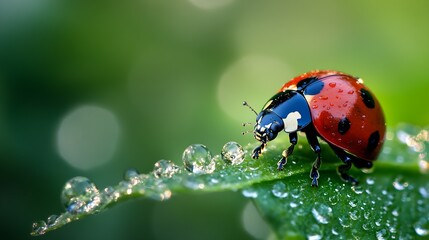 Obraz premium Detailed Macro Photography of a Ladybug on a DewCovered Leaf in a Lush Greenery : Generative AI