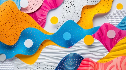 Fototapeta premium Vibrant Abstract Paper Art Collage with Colorful Waves and Dots - Modern Artistic Background