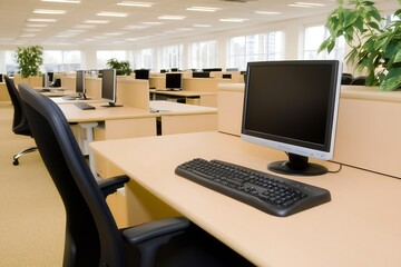 Minimalist Office Space with Beige Workstations and Simple Design for a Clean Organized Look : Generative AI