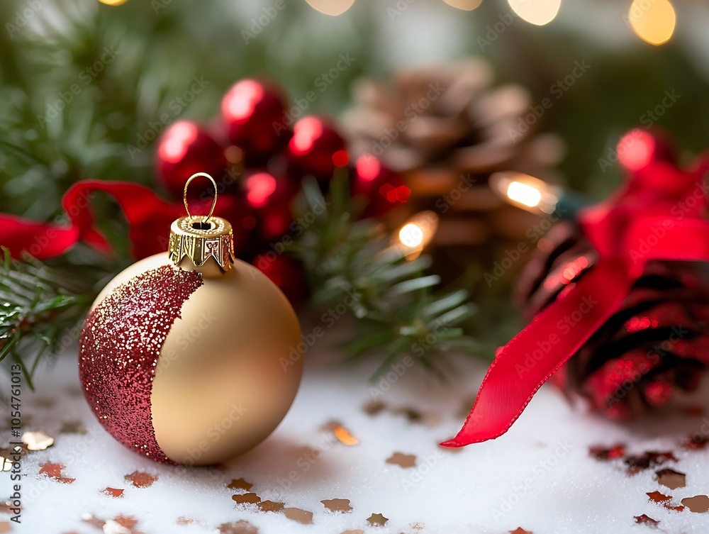 Poster elegant red and gold christmas ornament with pinecones and red ribbon on snow : generative ai