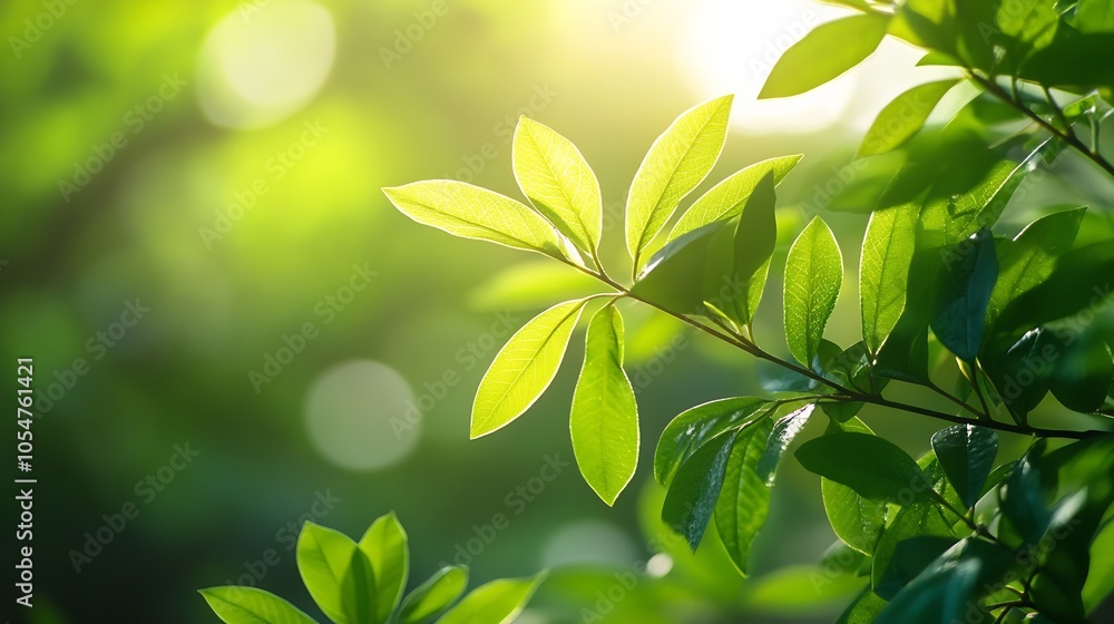 Aufkleber Fresh Green Leaves with Sunlight and Bokeh Effect in a Natural Setting : Generative AI