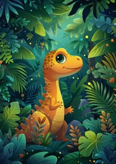 Naklejka premium Jungle Scrapbook Page with Cute Dinosaur, Adorable Prehistoric Theme, Perfect for Kids' Crafts and Creative Projects