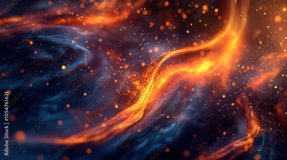 Poster abstract background with swirling, glowing, fiery textures and particles.