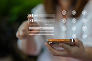 Concept of cybersecurity, person use laptop with digital security icons, login fields and network...