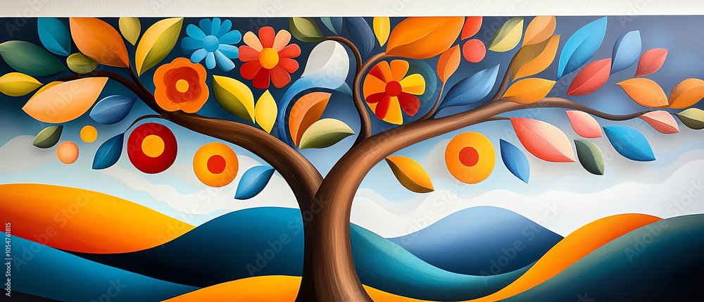 Poster a playful abstract tree with vibrant patterns in a whimsical landscape of colorful flora and rolling