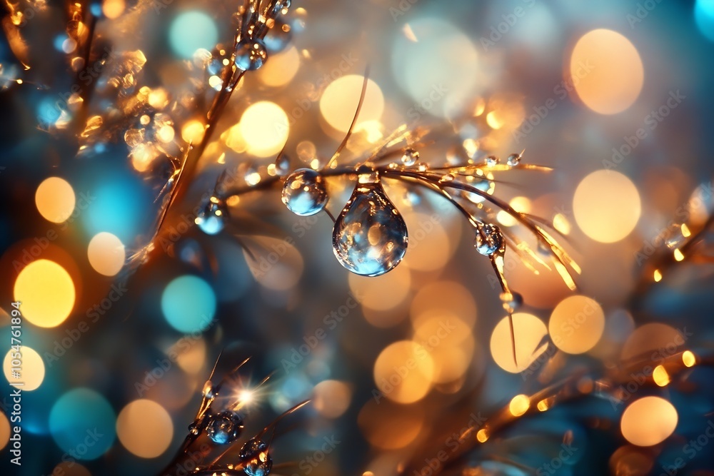 Poster magical nature closeup with dewdrops and abstract bokeh background : generative ai