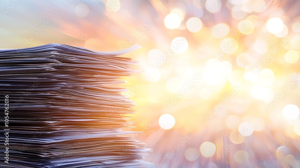 Poster stack of papers against a bright bokeh background symbolizing overwork and deadline pressure : gener