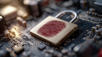 Cyber protection: visual of a secure padlock, digital fingerprint trail, data protection with a...