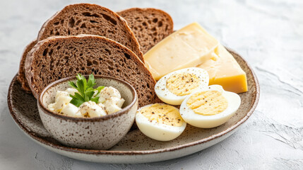 A fresh plate featuring rye bread slices, boiled eggs, cheese, and a creamy dip garnished with herbs.