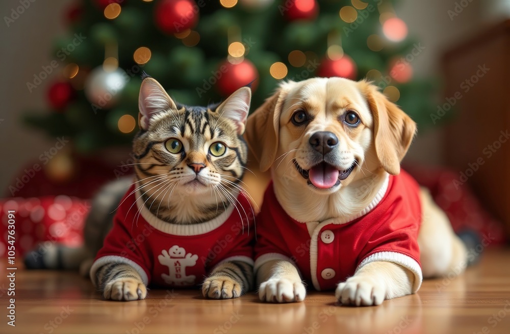 Wall mural grey cat and dog in christmas costume against the background of a new year tree