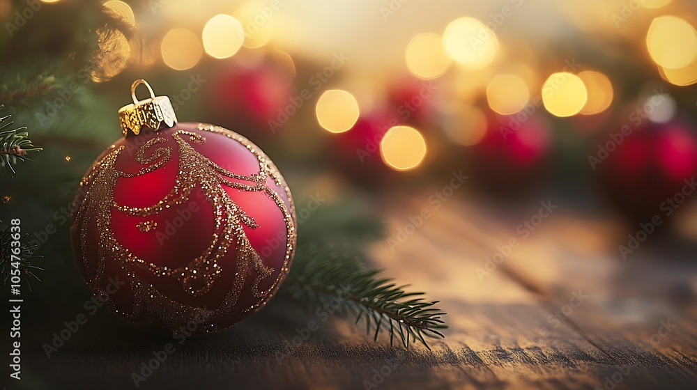 Poster festive red christmas ornament on rustic wooden table with glowing bokeh : generative ai