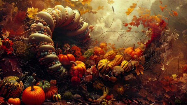 Cornucopia, horn of plenty with fruits and vegetables, forest at the background. Harvest and abundance concept 
