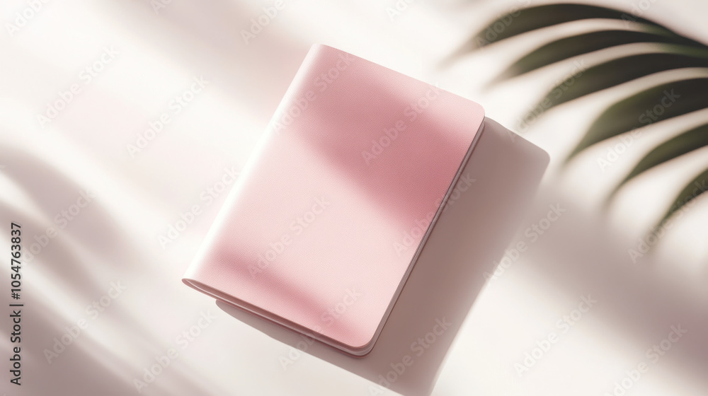 Poster a soft pink notebook rests on a bright surface, illuminated by sunlight, with a green leaf partially