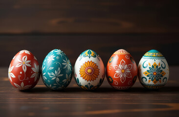 Fototapeta premium Painted Easter eggs with bright floral patterns in a row on a dark wooden surface.