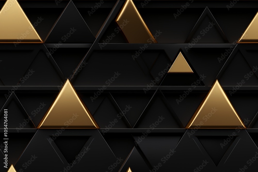 Poster black 3d pyramids with gilded triangle accents pattern: three-dimensional black pyramids are enhance