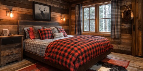 Rustic Cabin Bedroom with Plaid Bedding and Window View