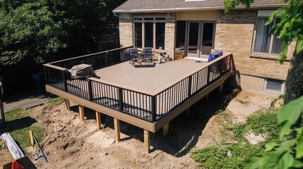 New wooden deck under construction behind a house, surrounded by dirt and greenery.