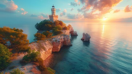 Fototapeta premium Stunning Coastal Lighthouse at Sunset with Vibrant Sky and Serene Ocean Waters - Perfect for Travel and Nature Enthusiasts