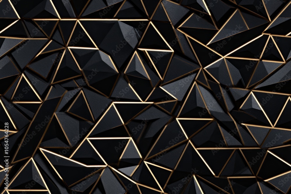 Poster black 3d triangles with gilded triangle grid pattern: three-dimensional black triangles form a grid 