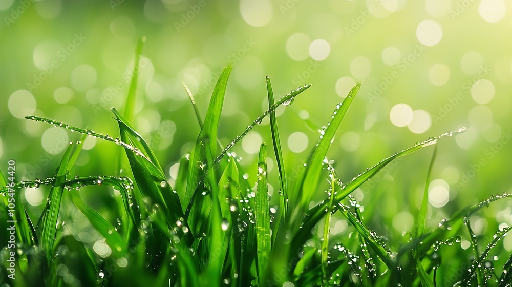 Aufkleber vibrant green grass with morning dew and soft bokeh light in a fresh natural setting : generative ai
